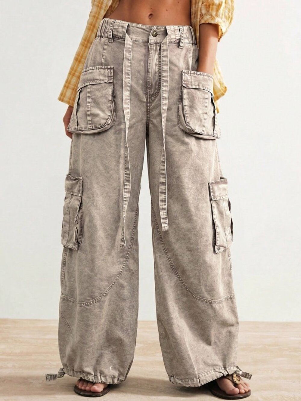 Apricot Casual Women's Woven Loose Cuffed Low Waist Loose Long Pants - Picture 6 of 10